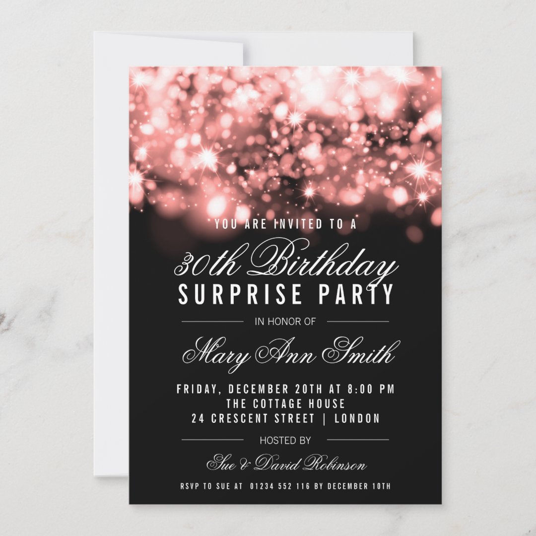 Surprise 30th Birthday Rose Gold Sparkling Lights Invitation Zazzle