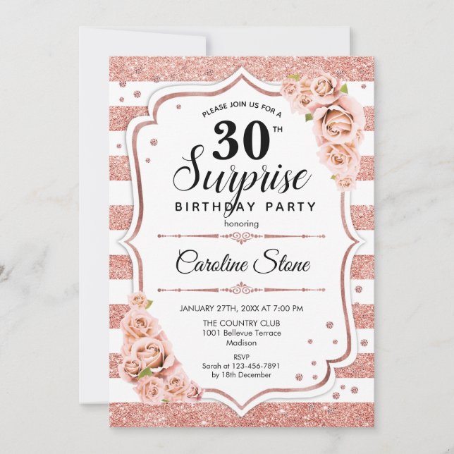 Surprise 30th Birthday - Rose Gold White Pink Invitation (Front)