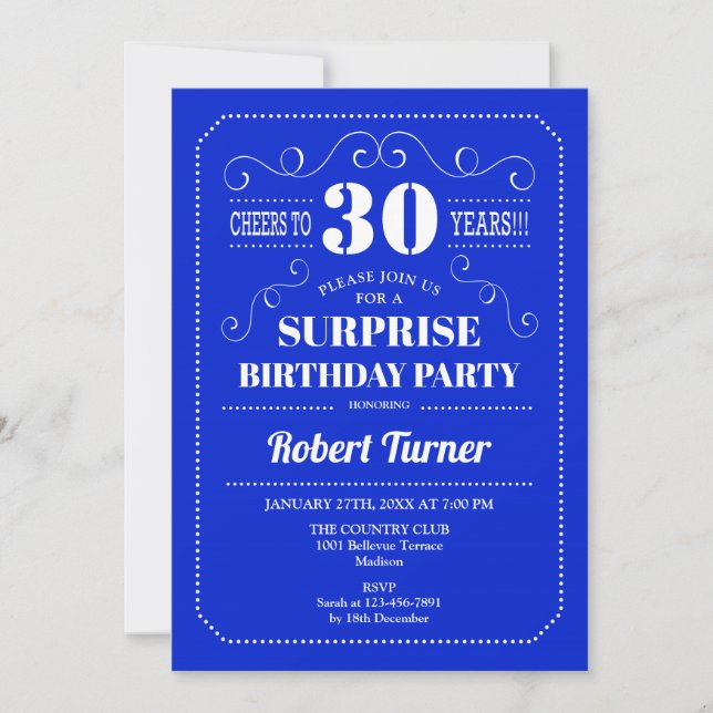 Surprise 30th Birthday - Royal Blue Invitation (Front)