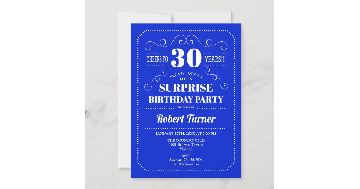 Surprise 30th Birthday - Royal Blue Invitation | Zazzle