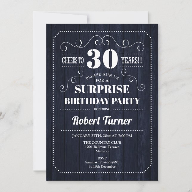 Surprise 30th Birthday -  Rustic Navy Wood Invitation (Front)