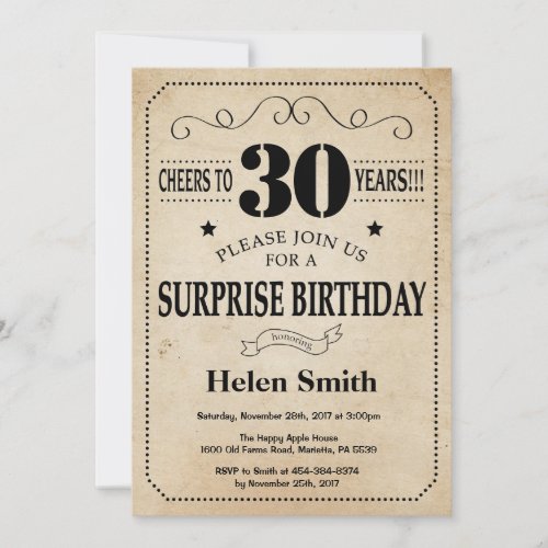 Surprise 30th Birthday Rustic Vintage Retro Invitation