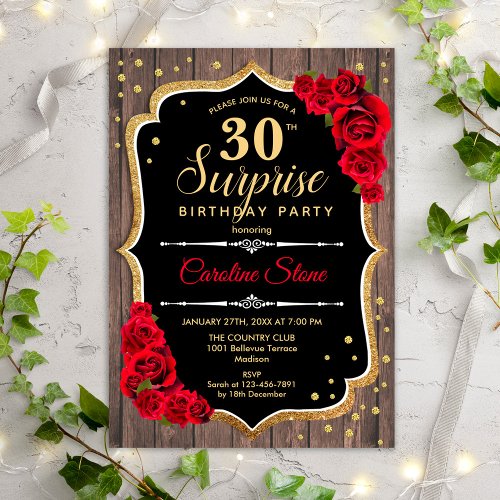 Surprise 30th Birthday _ Rustic Wood Red Roses Invitation