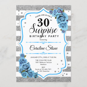 Surprise 30th Birthday - Silver White Aqua Blue Invitation