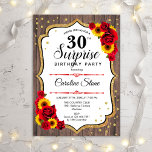 Surprise 30th Birthday - Sunflowers Rustic Wood Invitation<br><div class="desc">Surprise 30th Birthday Invitation.
Feminine rustic black,  white,  red design with faux glitter gold. Features wood pattern,  red roses,  sunflowers,  script font and confetti. Perfect for an elegant birthday party. Can be personalized to show any age. Message me if you need further customization.</div>