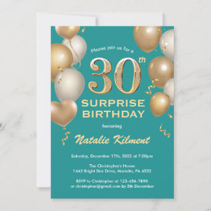 Surprise 30th Birthday Teal and Gold Balloons Invitation