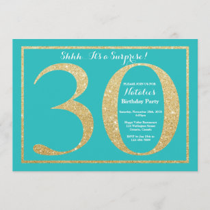 Surprise 30th Birthday Teal and Gold Glitter Invitation