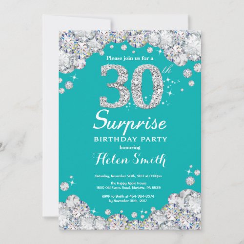 Surprise 30th Birthday Teal and Silver Invitation