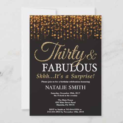 Surprise 30th Birthday Thirty and Fabulous Gold Invitation
