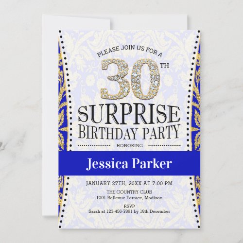 Surprise 30th Birthday _ White Gold Royal Blue Invitation