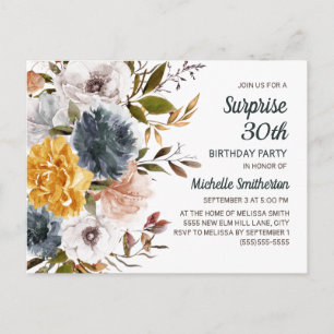 Surprise 30th Birthday Yellow Navy Blue Floral Postcard