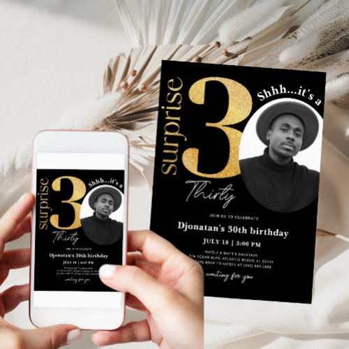 Surprise 30th Black Gold Birthday Invitation Photo