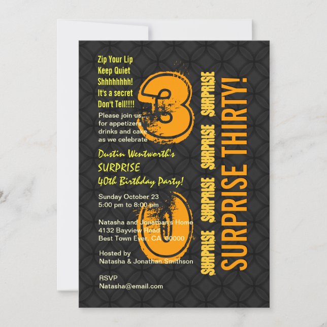 SURPRISE 30th Modern Birthday Black and Gold E002 Invitation (Front)