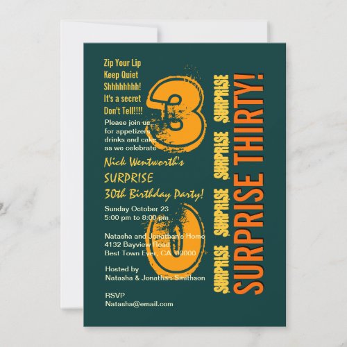 SURPRISE 30th Modern Birthday Green Gold Orange Invite