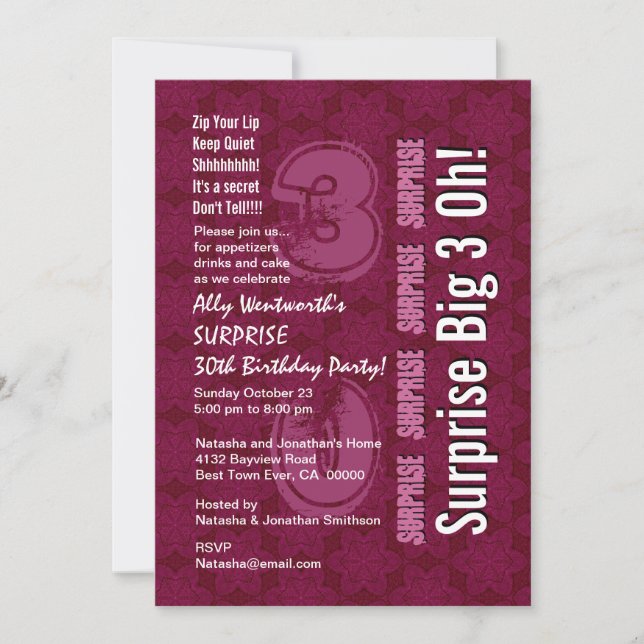 SURPRISE 30th Modern Birthday Maroon Big 3 Oh Invitation (Front)