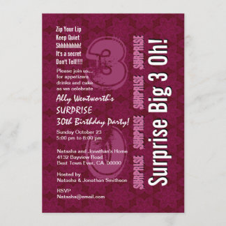 SURPRISE 30th Modern Birthday Maroon Big 3 Oh Invitation