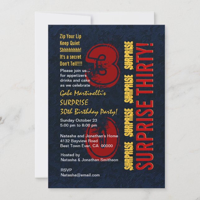 SURPRISE 30th Modern Birthday Red Gold Blue W610 Invitation (Front)
