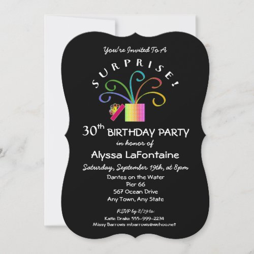 SURPRISE 30th or Any Age Black Birthday Party Invitation