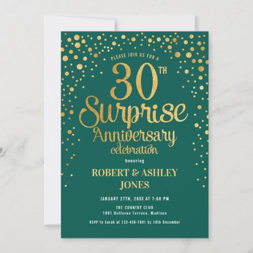 Surprise 30th Wedding Anniversary _ Emeral   Gold Invitation