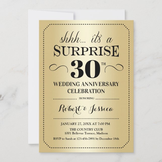 Surprise 30th Wedding Anniversary - Gold Black Invitation (Front)
