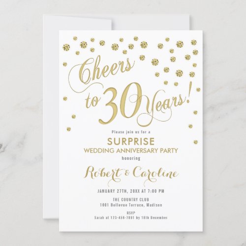 Surprise 30th Wedding Anniversary _ White  Gold Invitation