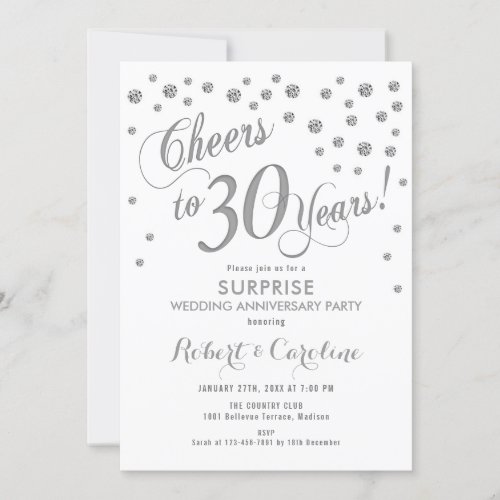 Surprise 30th Wedding Anniversary _ White  Silver Invitation