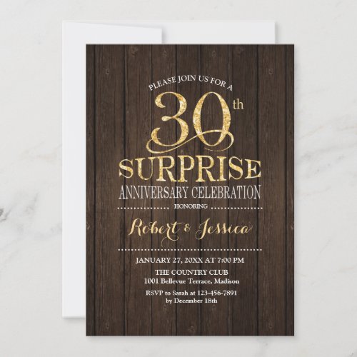 Surprise 30th Wedding Anniversary Wood Gold Invitation