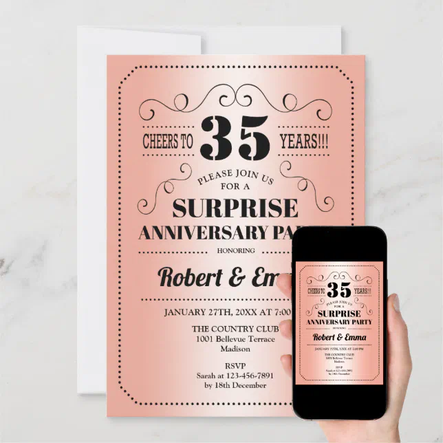 Surprise 35th Anniversary Party - Coral Invitation | Zazzle