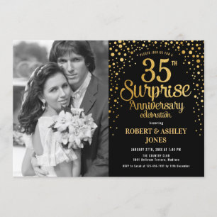 Surprise 35th Anniversary with Photo - Black Gold Invitation