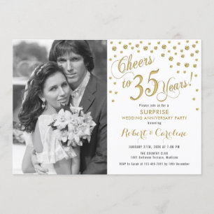 Surprise 35th Anniversary with Photo - Gold White Invitation