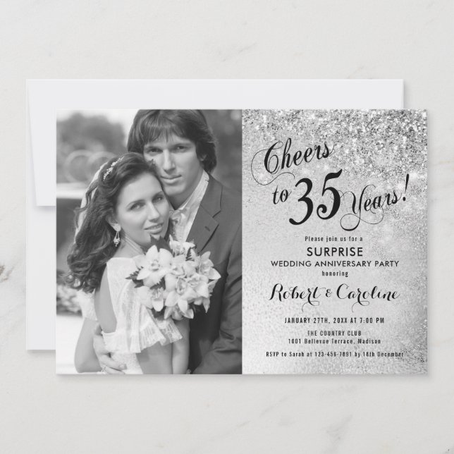 Surprise 35th Anniversary with Photo - Silver Invitation (Front)