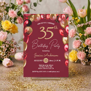 Surprise 35th Birthday Party Gold Burgundy Glitter Invitation