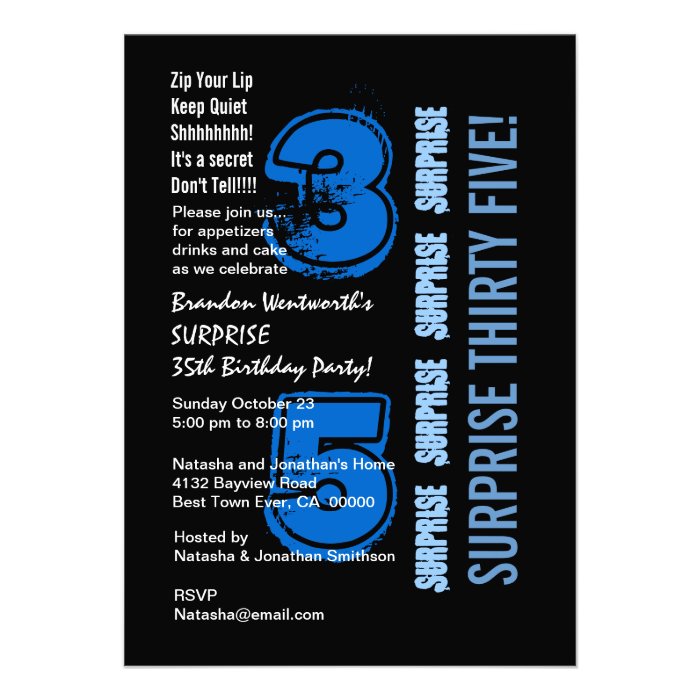SURPRISE 35th Modern Birthday Blue and Black Invite