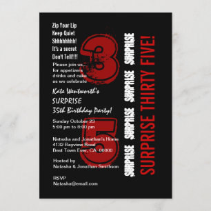 SURPRISE 35th Modern Birthday Red Black and White Invitation