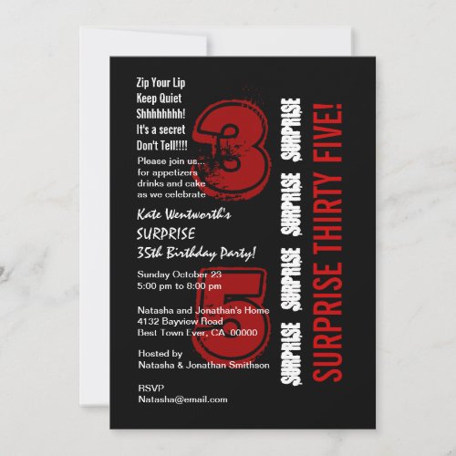 SURPRISE 35th Modern Birthday Red Black and White Custom Invite