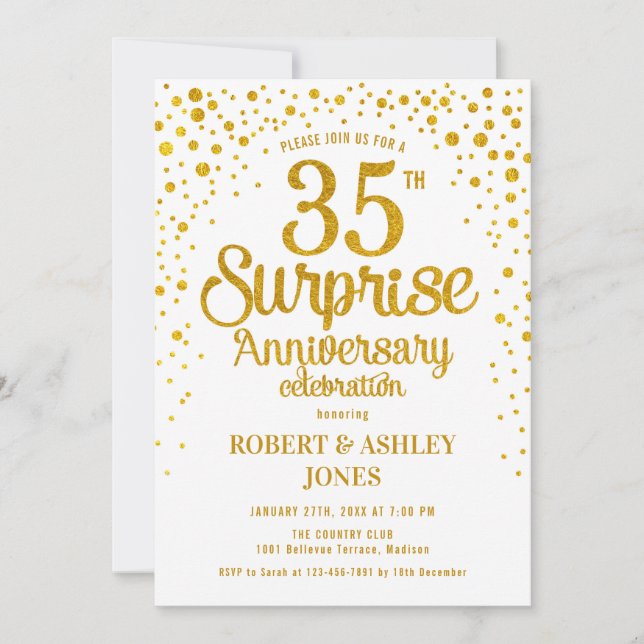 Surprise 35th Wedding Anniversary - Gold & White Invitation (Front)