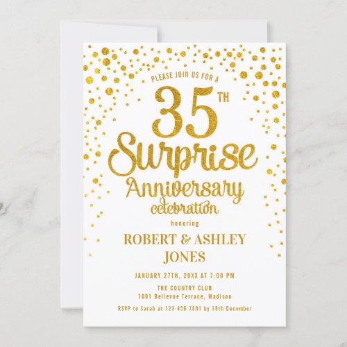 Surprise 35th Wedding Anniversary _ Gold  White Invitation