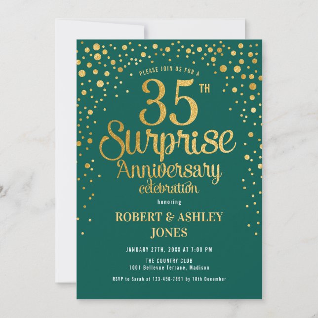Surprise 35th Wedding Anniversary - Green & Gold Invitation (Front)