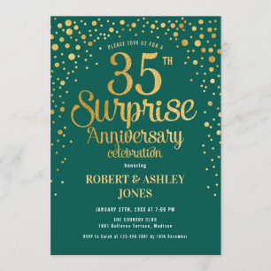 Surprise 35th Wedding Anniversary - Green & Gold Invitation