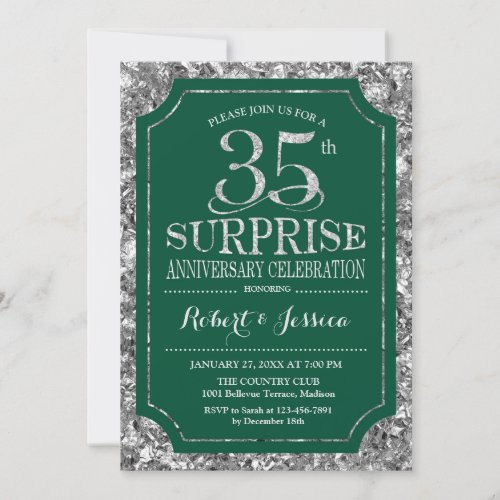 Surprise 35th Wedding Anniversary _ Green Silver Invitation