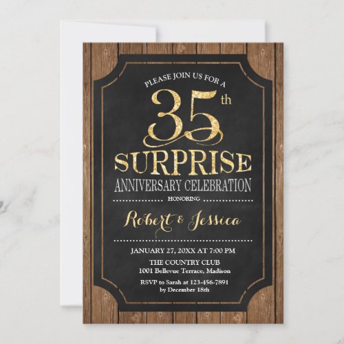 Surprise 35th Wedding Anniversary _ Wood Gold Invitation