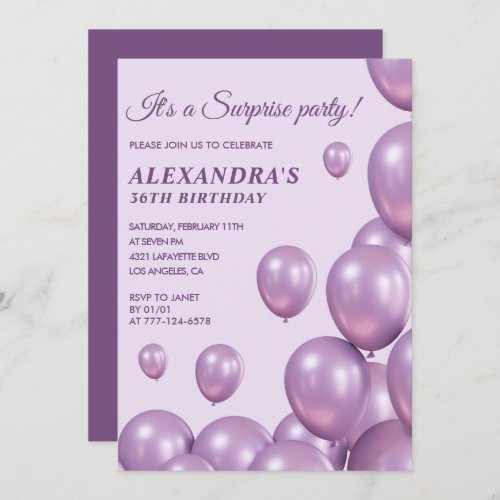 Surprise 36th birthday invitations Purple Balloons