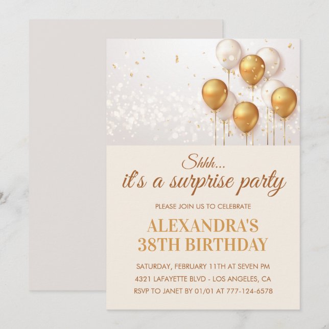 Surprise 38th birthday invitations Gold (Front/Back)