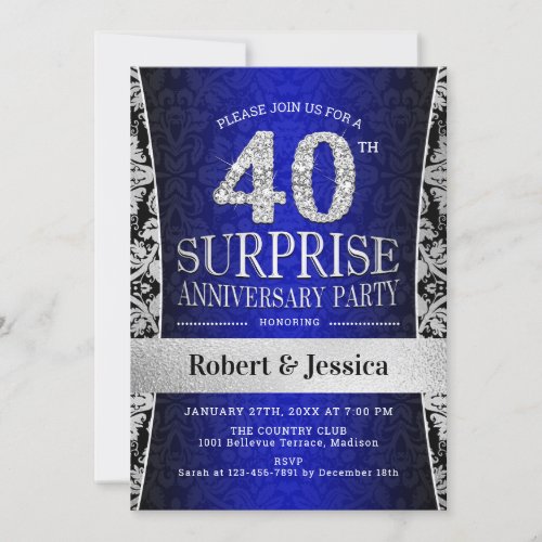 Surprise 40th Anniversary Party _ Blue Silver Invitation
