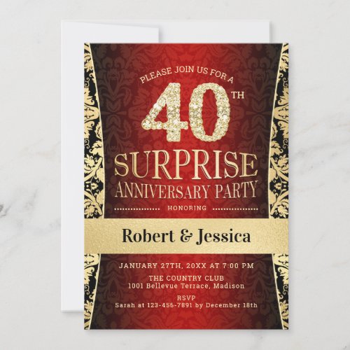 Surprise 40th Anniversary Party _ Red Gold Black Invitation
