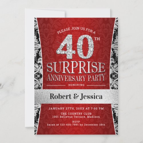 Surprise 40th Anniversary Party _ Ruby Red Silver Invitation