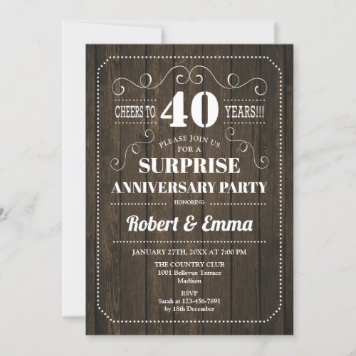 Surprise 40th Anniversary Party _ Rustic Wood Invitation