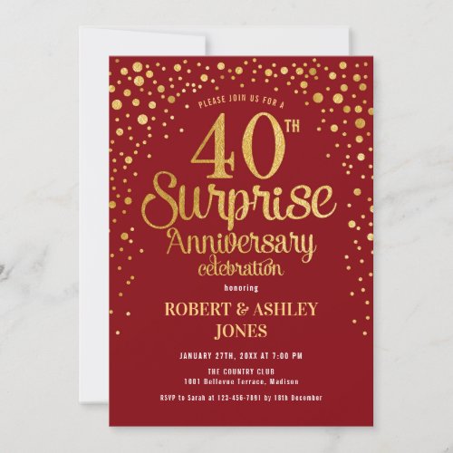 Surprise 40th Anniversary _ Ruby Red  Gold Invitation