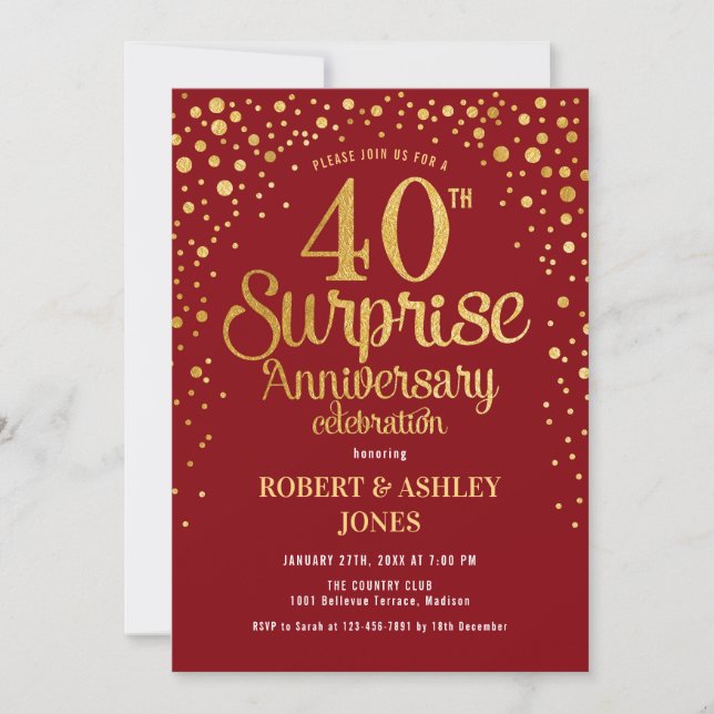 Surprise 40th Anniversary - Ruby Red & Gold Invitation (Front)