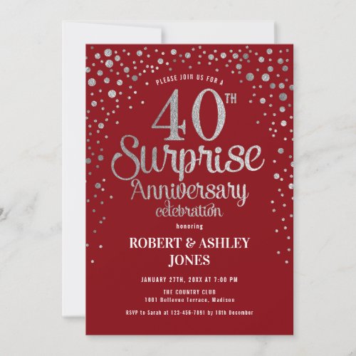 Surprise 40th Anniversary _ Ruby Red  Silver Invitation